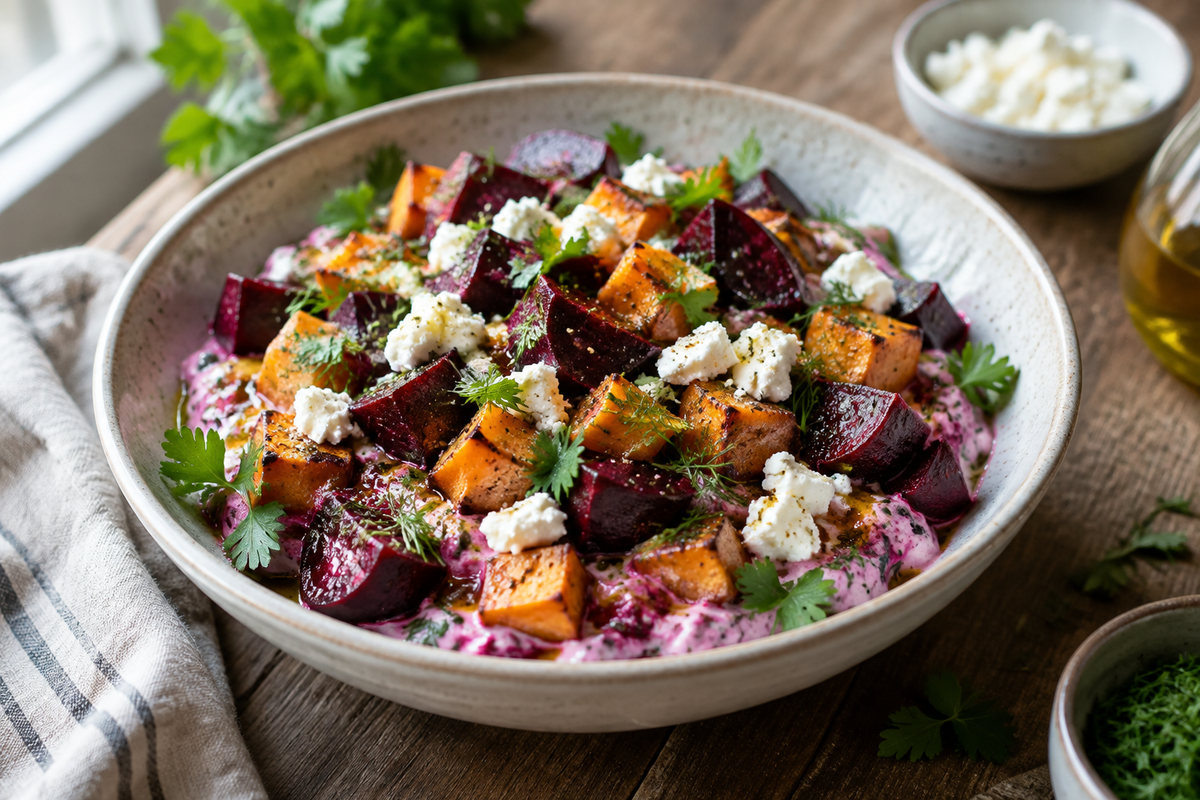 Creamy roasted beet salad with sweet potato and feta served in a bowl garnished with herbs