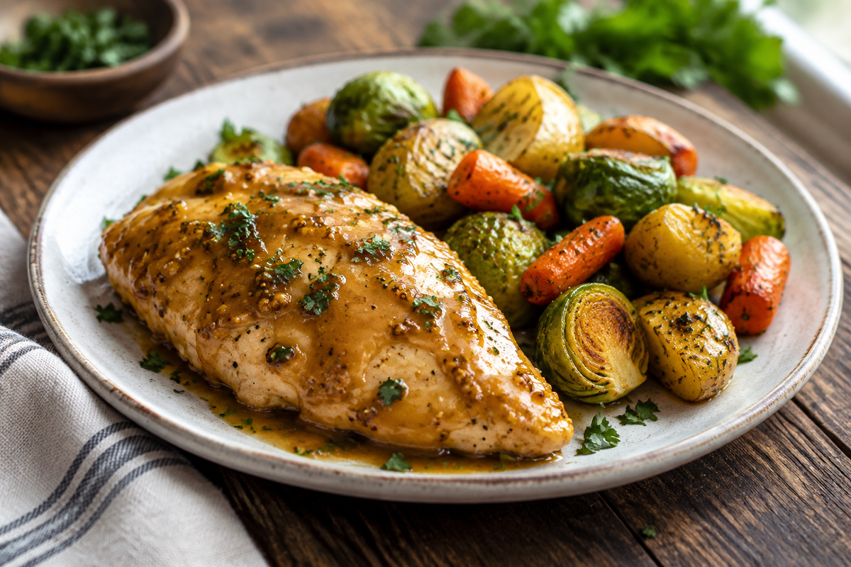 Plated crockpot honey mustard chicken with golden glaze and fresh parsley garnish