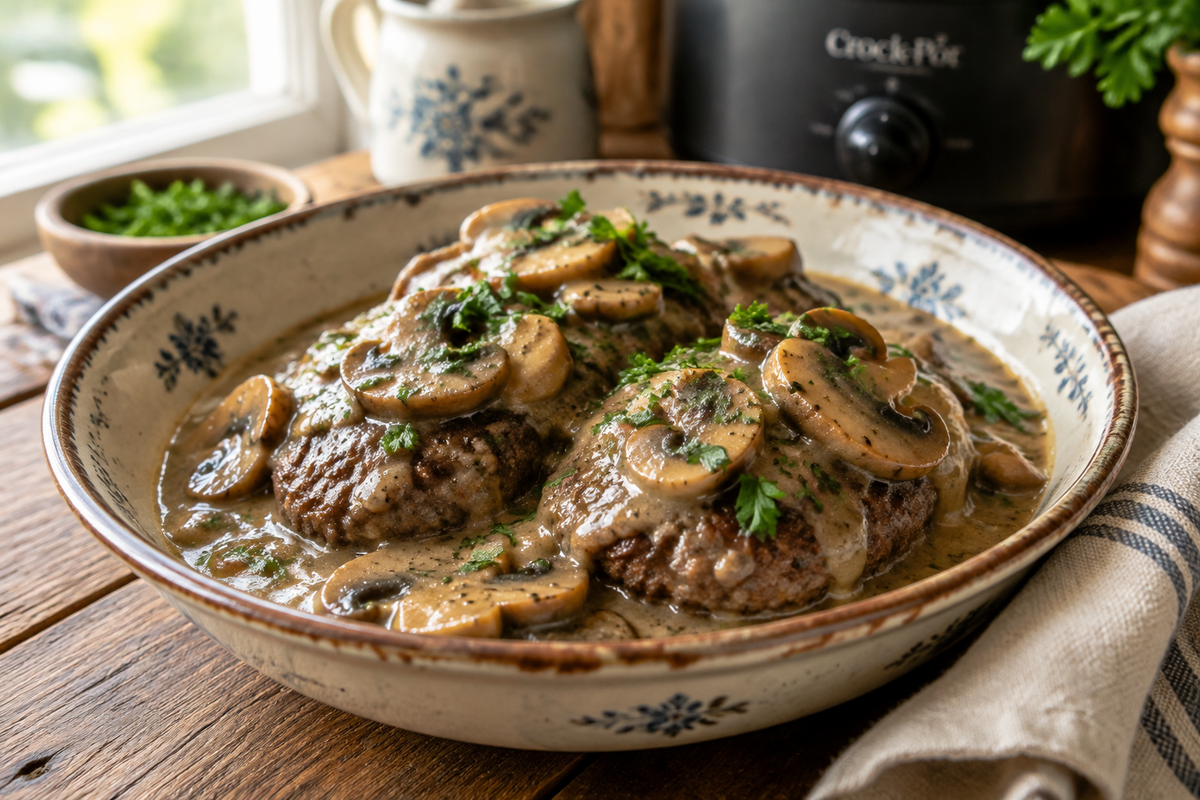 Slow cooker Salisbury steak with mushroom gravy garnished with parsley on rustic plate, slow cooker salisbury steak
