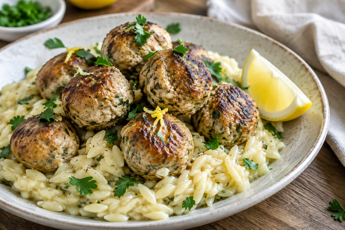Easy Greek chicken meatballs served on creamy lemony orzo with fresh parsley garnish