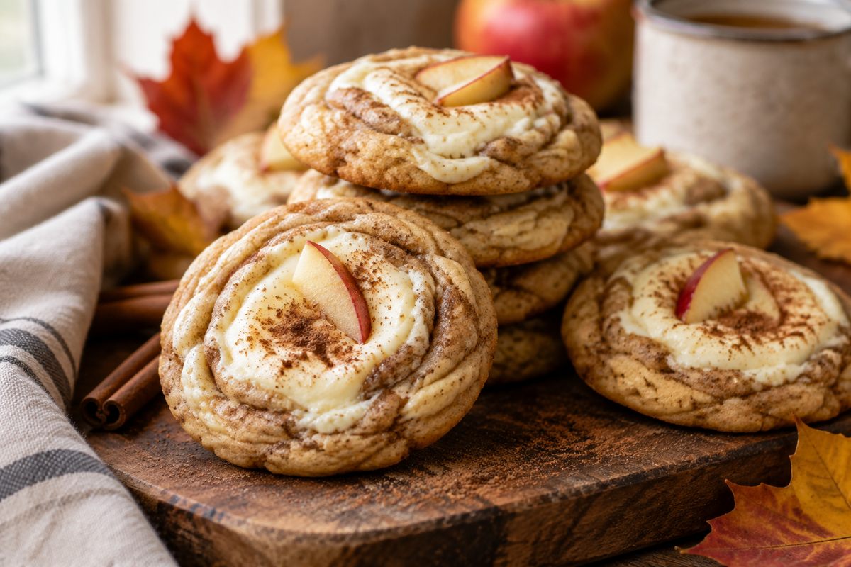 Stack of apple cider cheesecake cookies with creamy centers and apple garnish on rustic board