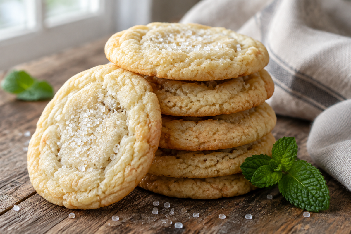 Stack of freshly baked chewy sugar cookies with sugar crystals and mint garnish