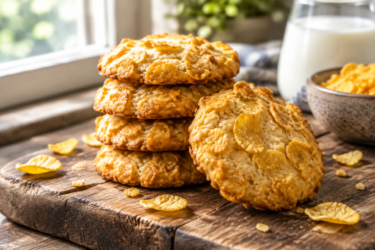 Golden crunchy cornflake cookies stacked on wooden board with natural soft window light