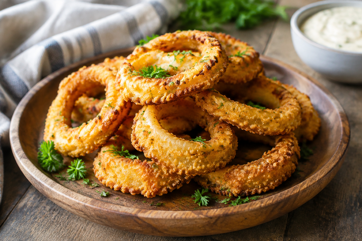 crispy keto onion rings stacked on rustic plate garnished with parsley