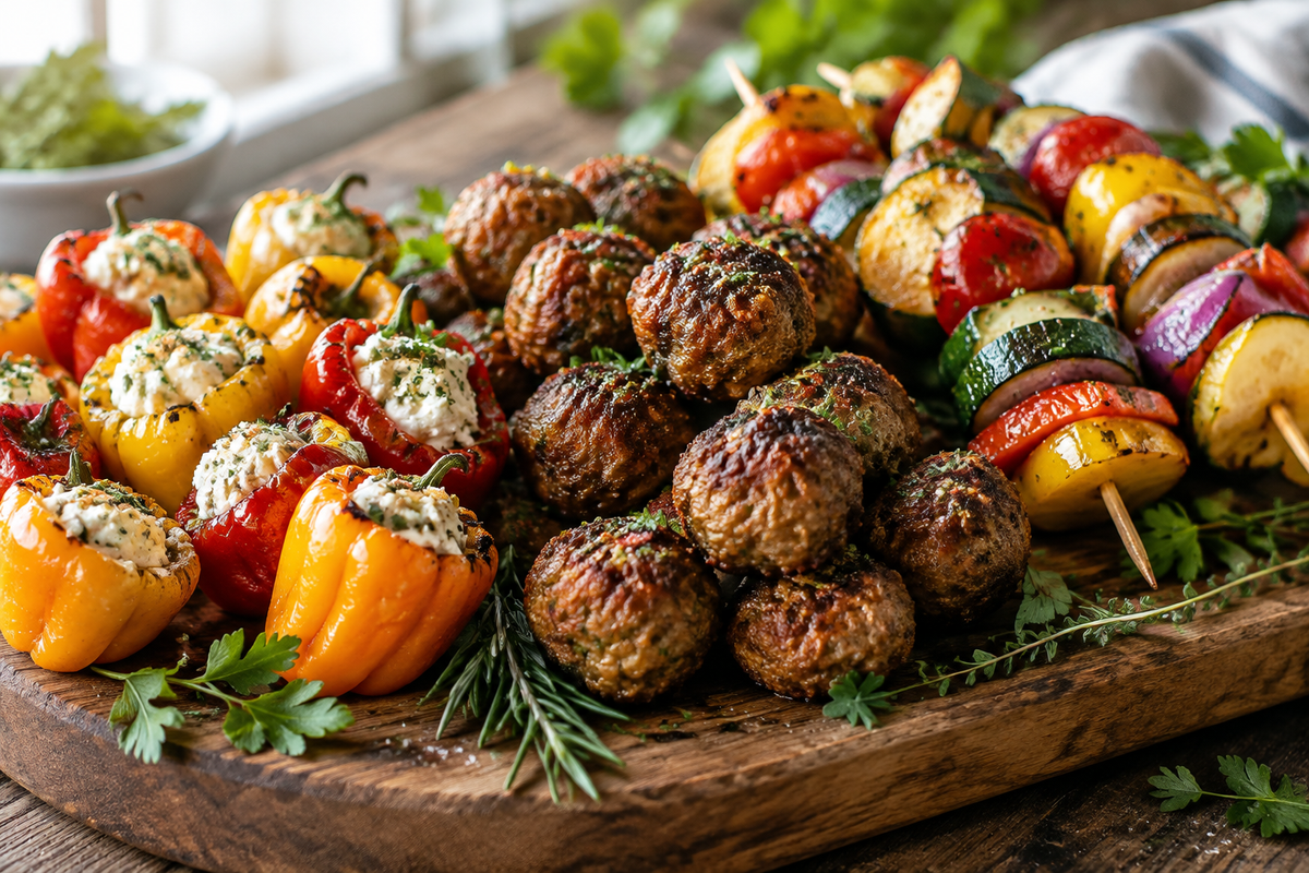 Assorted golden party bites on a rustic wooden board with fresh herbs, perfect party bites