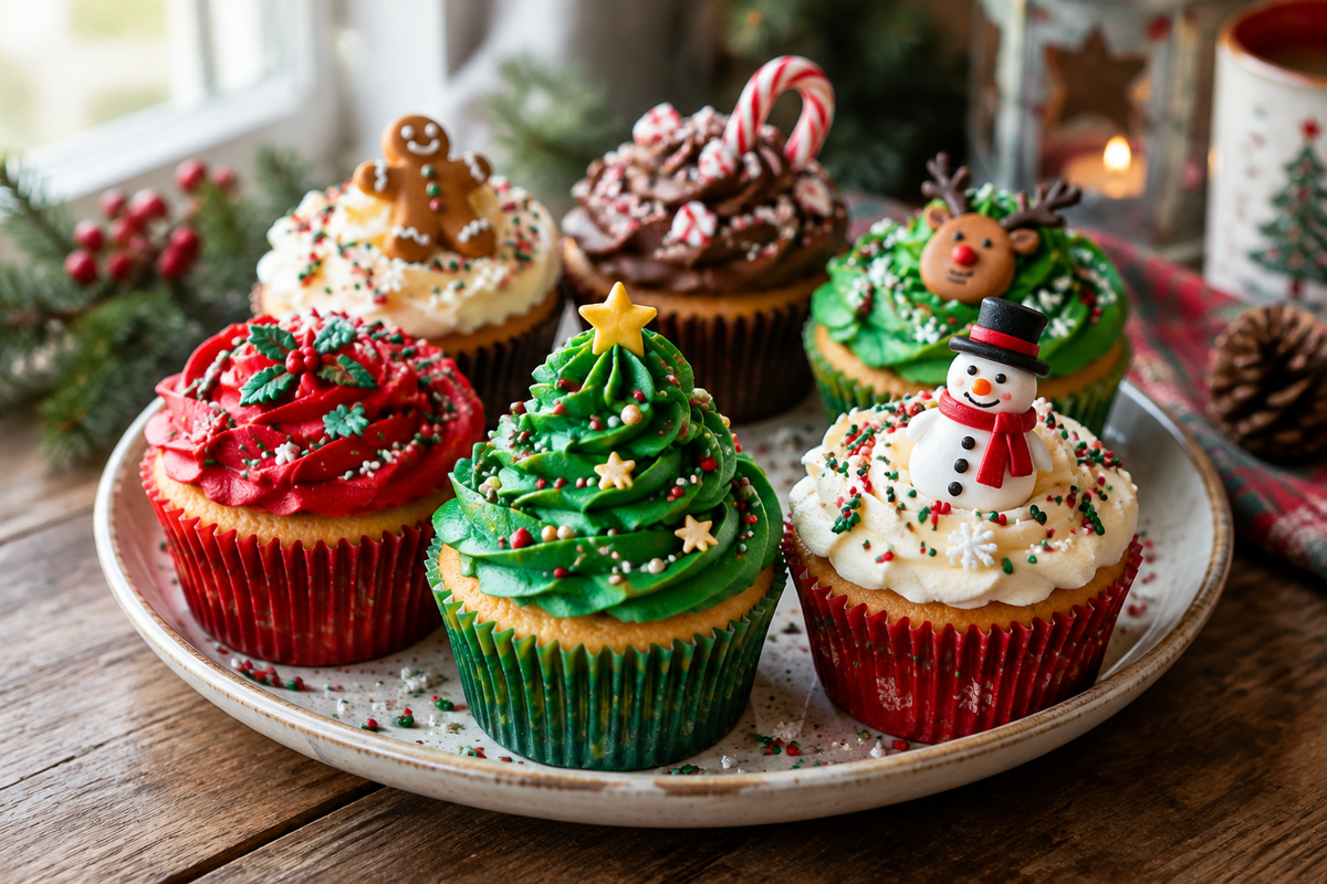 Plate of colorful Christmas cupcakes decorated with frosting and festive sprinkles, showcasing creative Christmas cupcakes