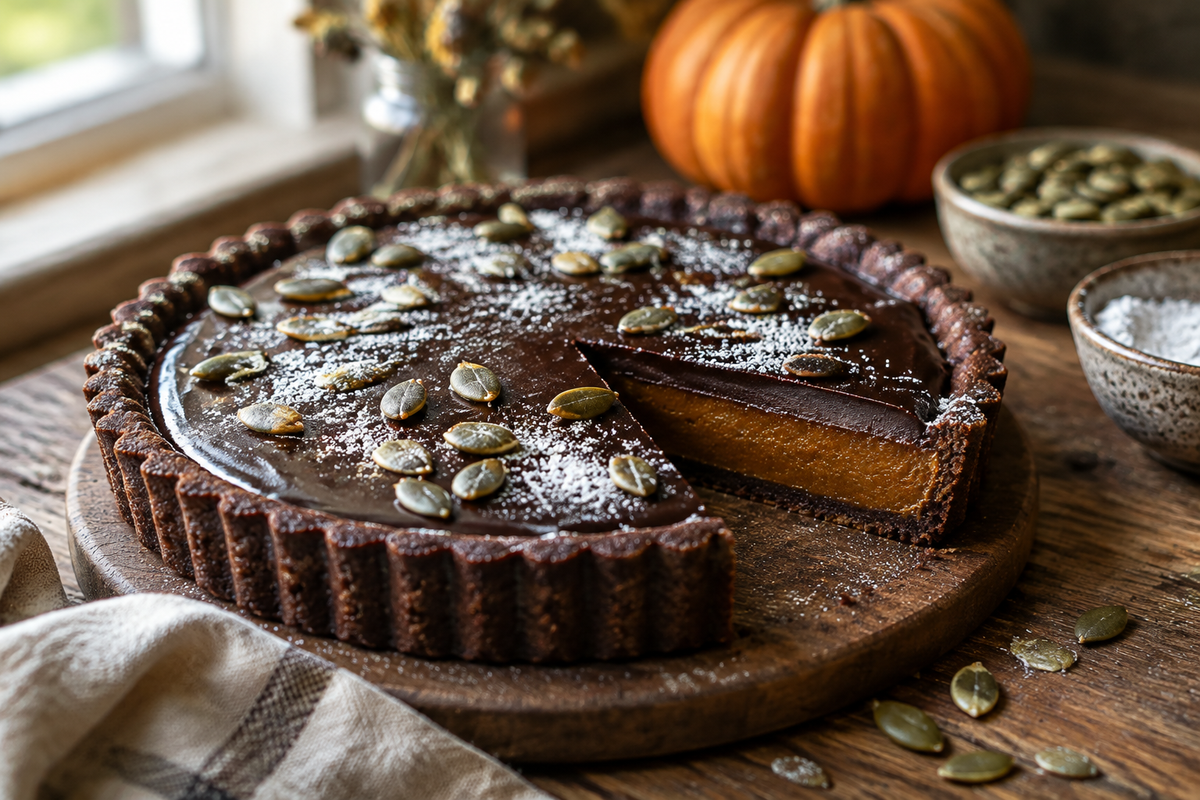 Dark chocolate pumpkin tart with pumpkin seeds garnish and powdered sugar, showcasing rich texture