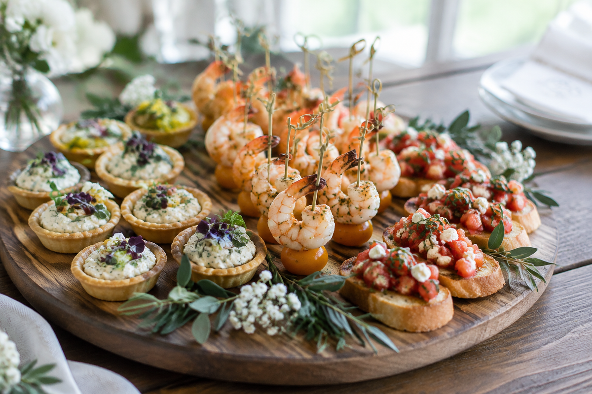 Elegant wedding finger food platter with mini tartlets and skewered shrimp in natural light