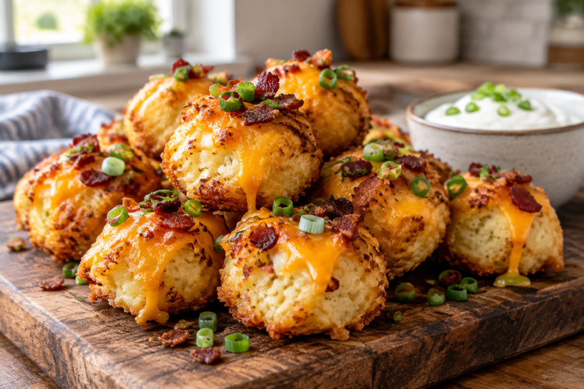 Golden crispy loaded mashed potato bites topped with cheddar, bacon, and green onions, served with sour cream dip
