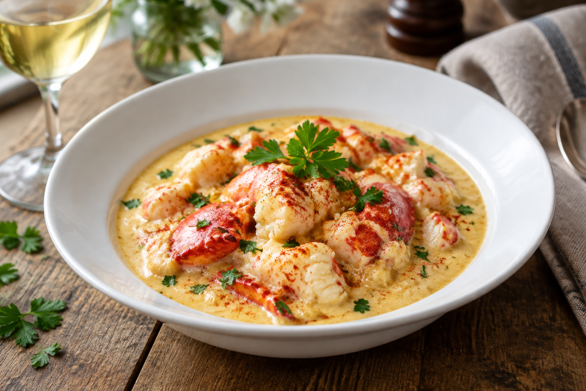 Creamy lobster newburg with tender lobster chunks and parsley garnish, lobster newburg dish