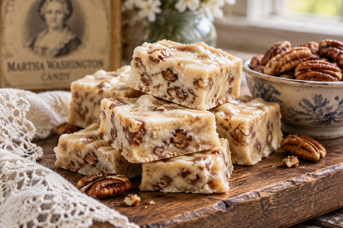 Close-up of creamy Martha Washington candy with nuts, showcasing the smooth texture and nutty bits