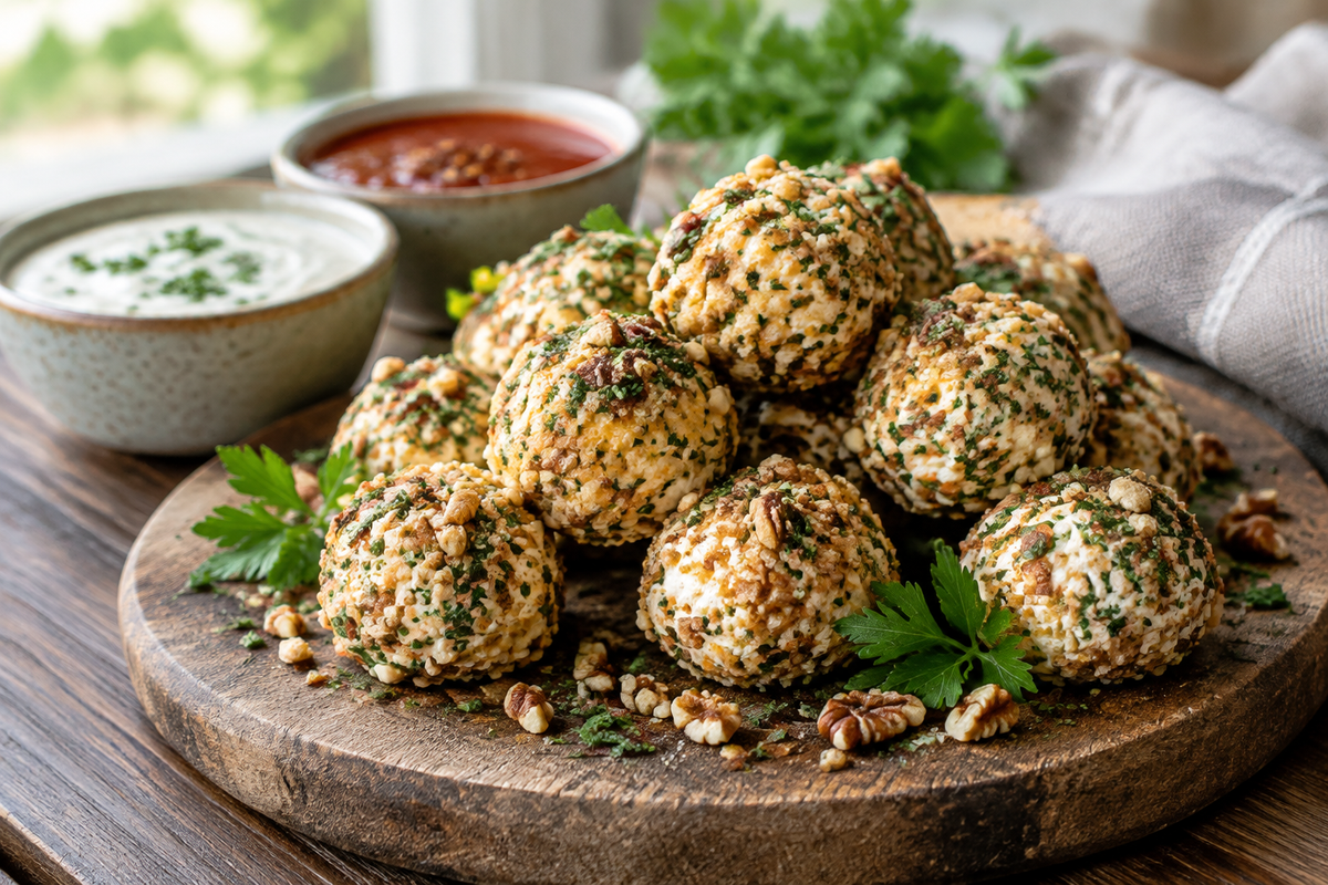 Mini cheese ball bites on a wooden platter garnished with herbs and nuts, perfect party snack