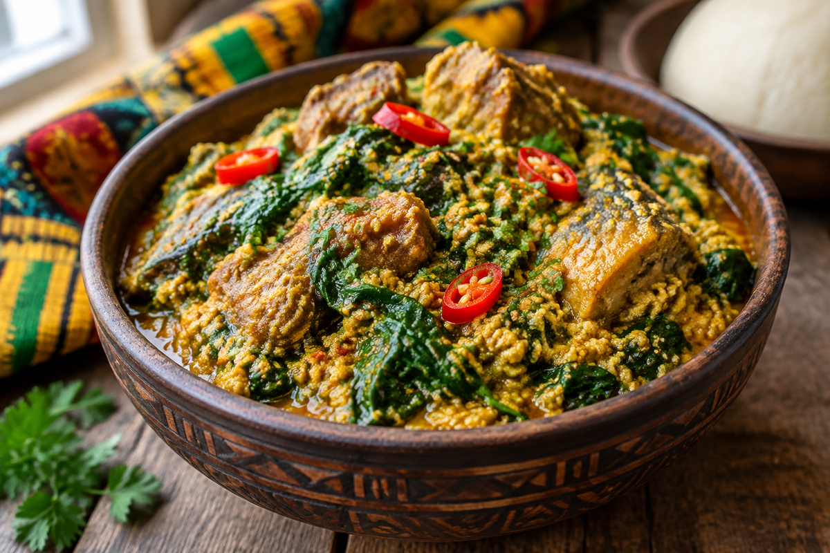 Bowl of egusi soup with spinach garnished with chili and herbs, showcasing creamy textured Nigerian dish