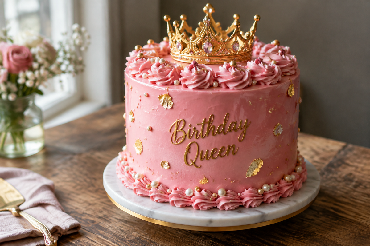 birthday queen cake with pink frosting and gold leaf, birthday queen cake glamour