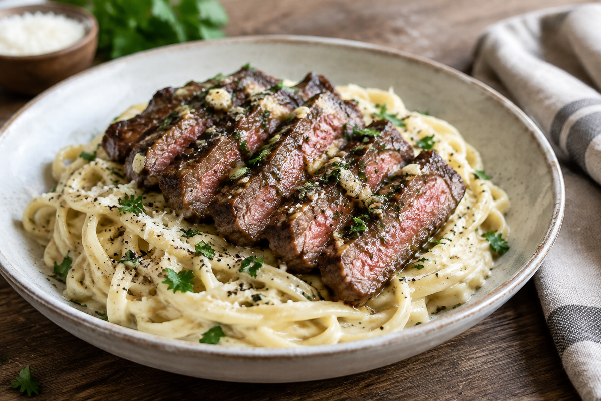 Garlic steak pasta with creamy Parmesan sauce garnished with parsley and black pepper