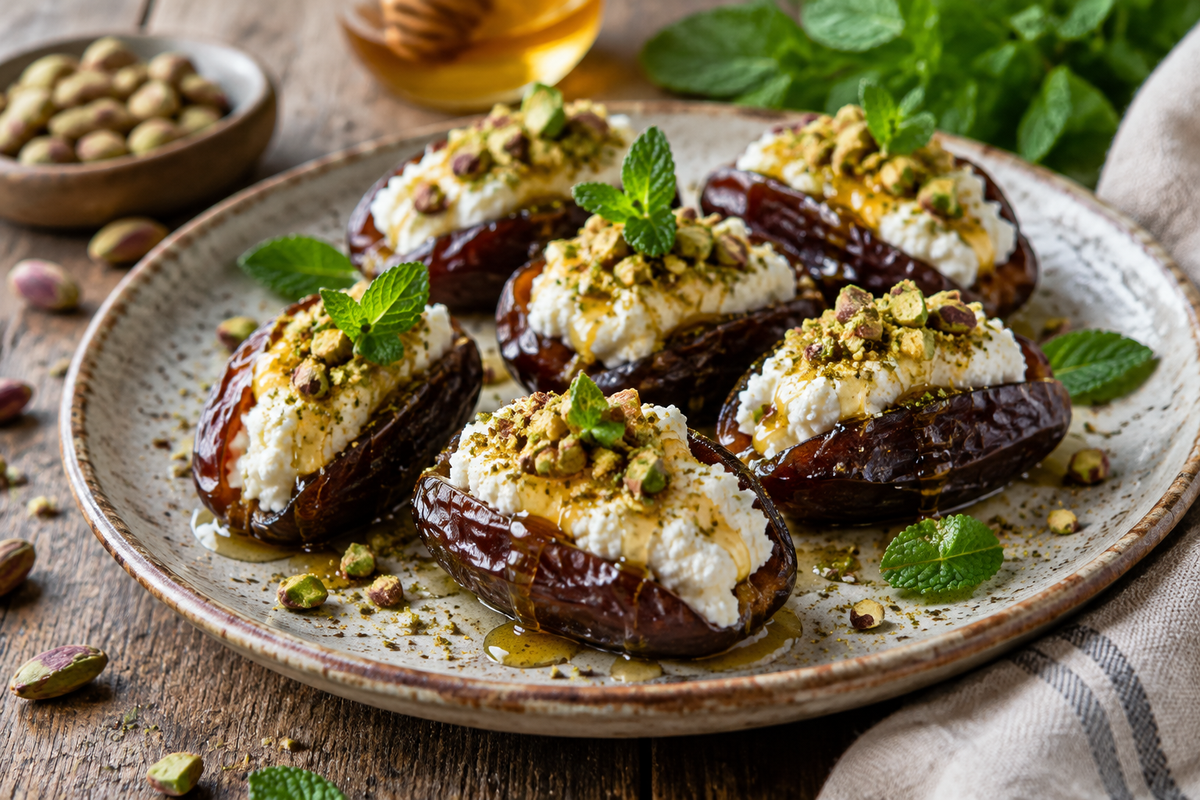 Honey pistachio ricotta dates appetizer garnished with crushed pistachios and honey drizzle
