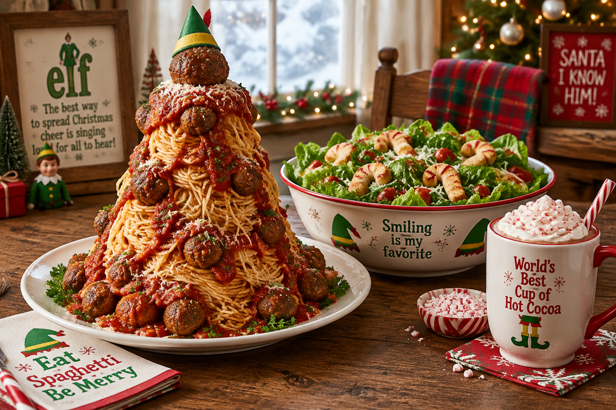 Elf movie dinner themed spaghetti tower with marinara and meatballs, green salad, and peppermint hot cocoa