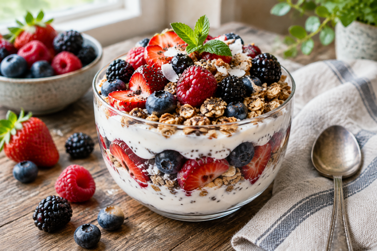 Energizing plant-based breakfast parfait with berries and granola in a glass bowl