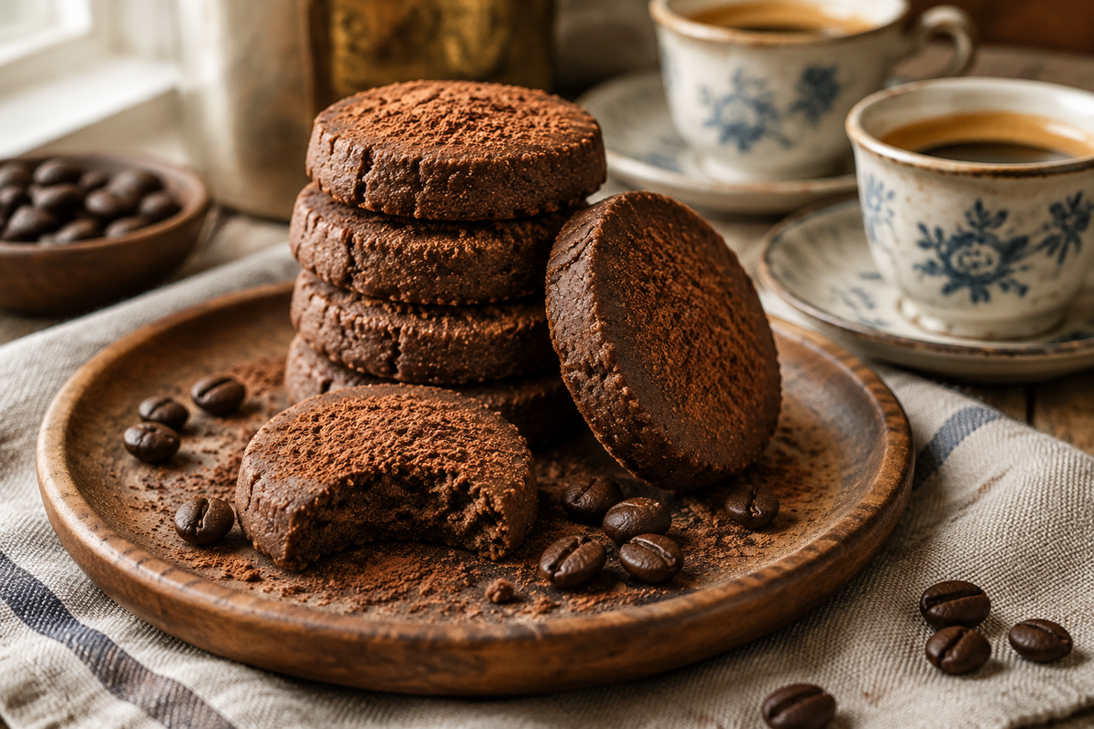 Espresso chocolate shortbread cookies stacked with cocoa dusting and coffee beans, espresso chocolate shortbread focus