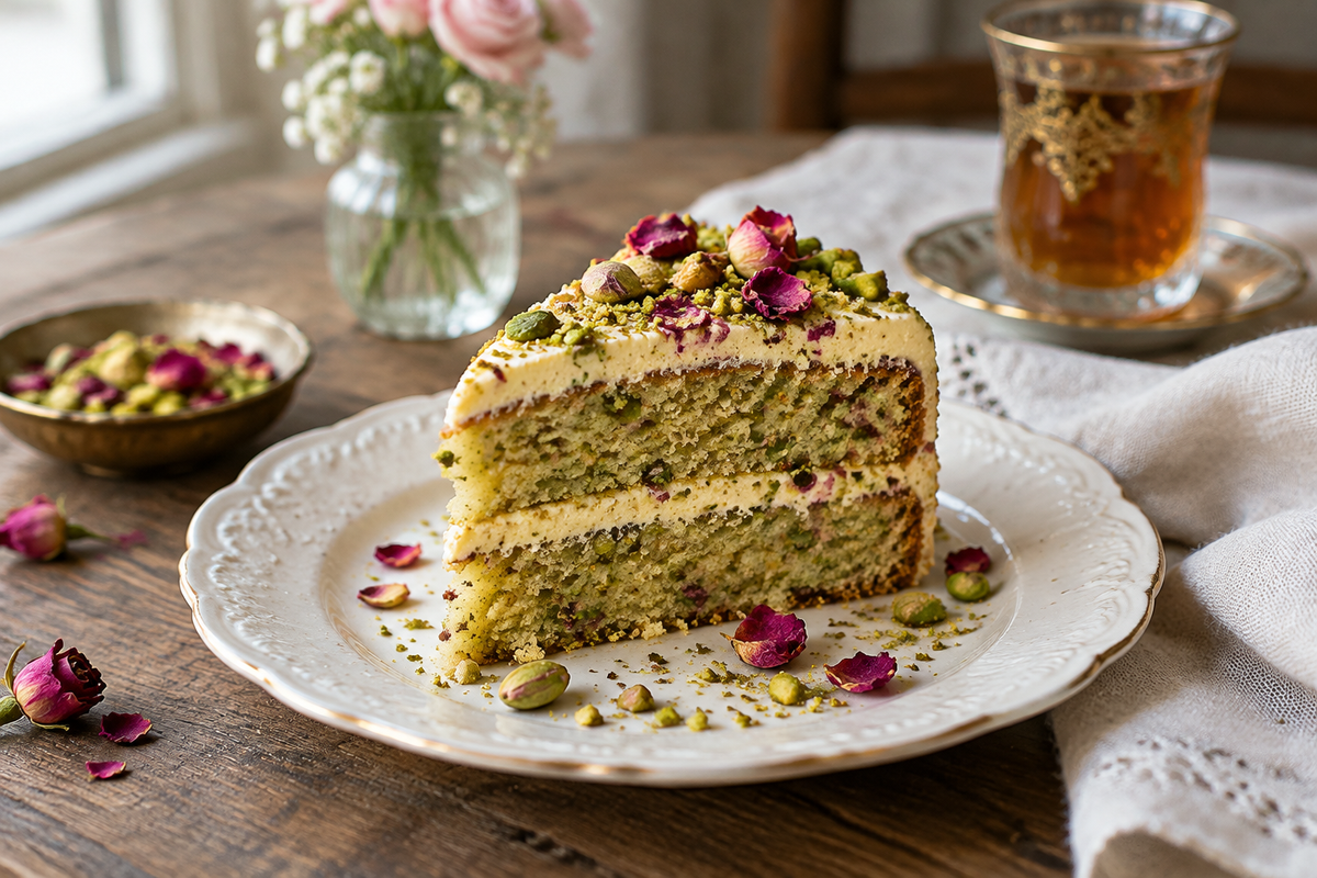A slice of pistachio rose cardamom cake garnished with crushed pistachios and rose petals on a white plate