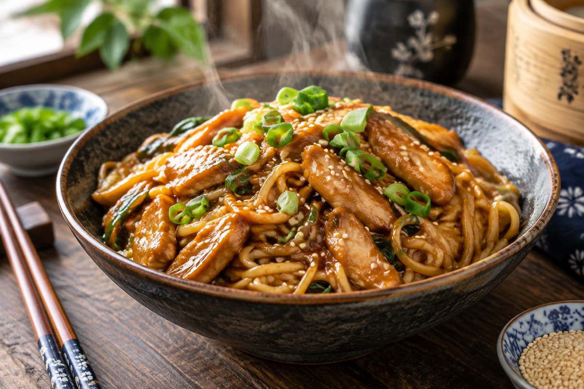 Extra saucy garlic chicken lo mein served in a bowl garnished with green onions and sesame seeds