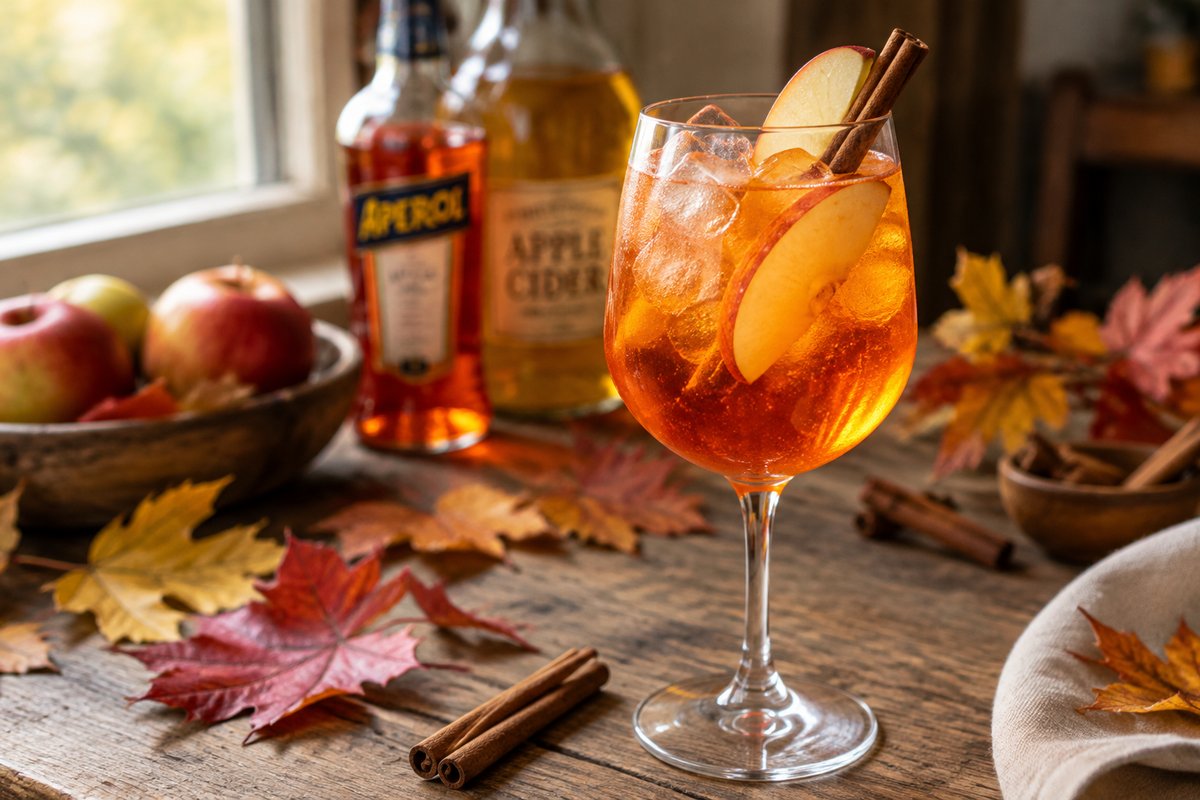 Glass of apple cider Aperol spritz with cinnamon sticks and autumn leaves, apple cider aperol spritz
