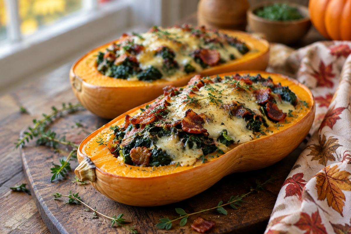 Stuffed butternut squash side dish with spinach, bacon, and cheese in natural light