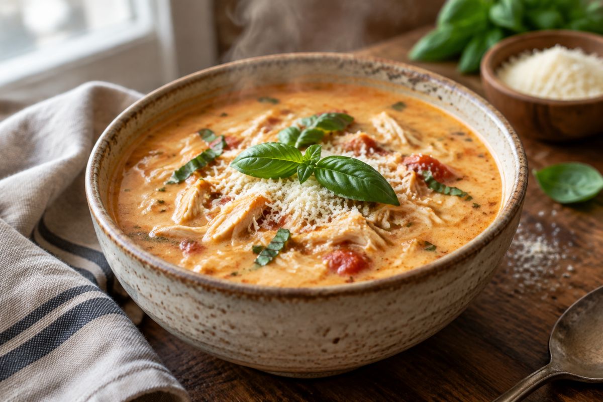 Creamy chicken parmesan soup garnished with basil and parmesan in a rustic bowl, chicken parmesan soup