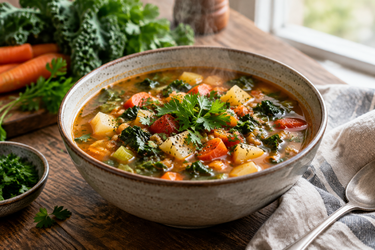 Bowl of fat-burning winter soup with vegetables and herbs, perfect for detox and weight loss