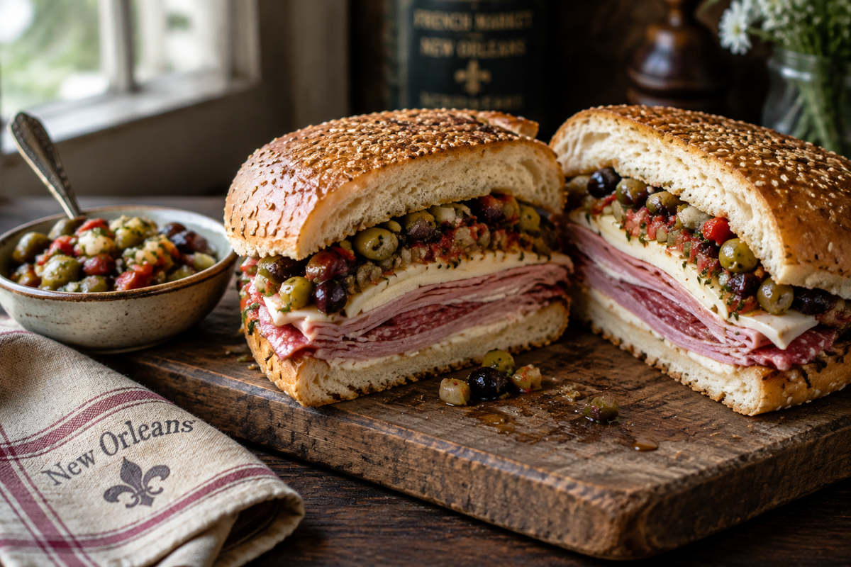 classic New Orleans muffuletta sandwich with Italian meats and olive salad on rustic bread