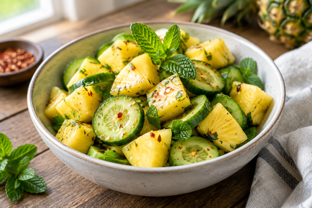 Fresh pineapple cucumber salad with mint garnish, showcasing vibrant colors and refreshing appeal