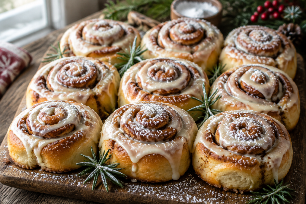 Nine festive Christmas cinnamon rolls with cream cheese glaze and cinnamon swirls on rustic board