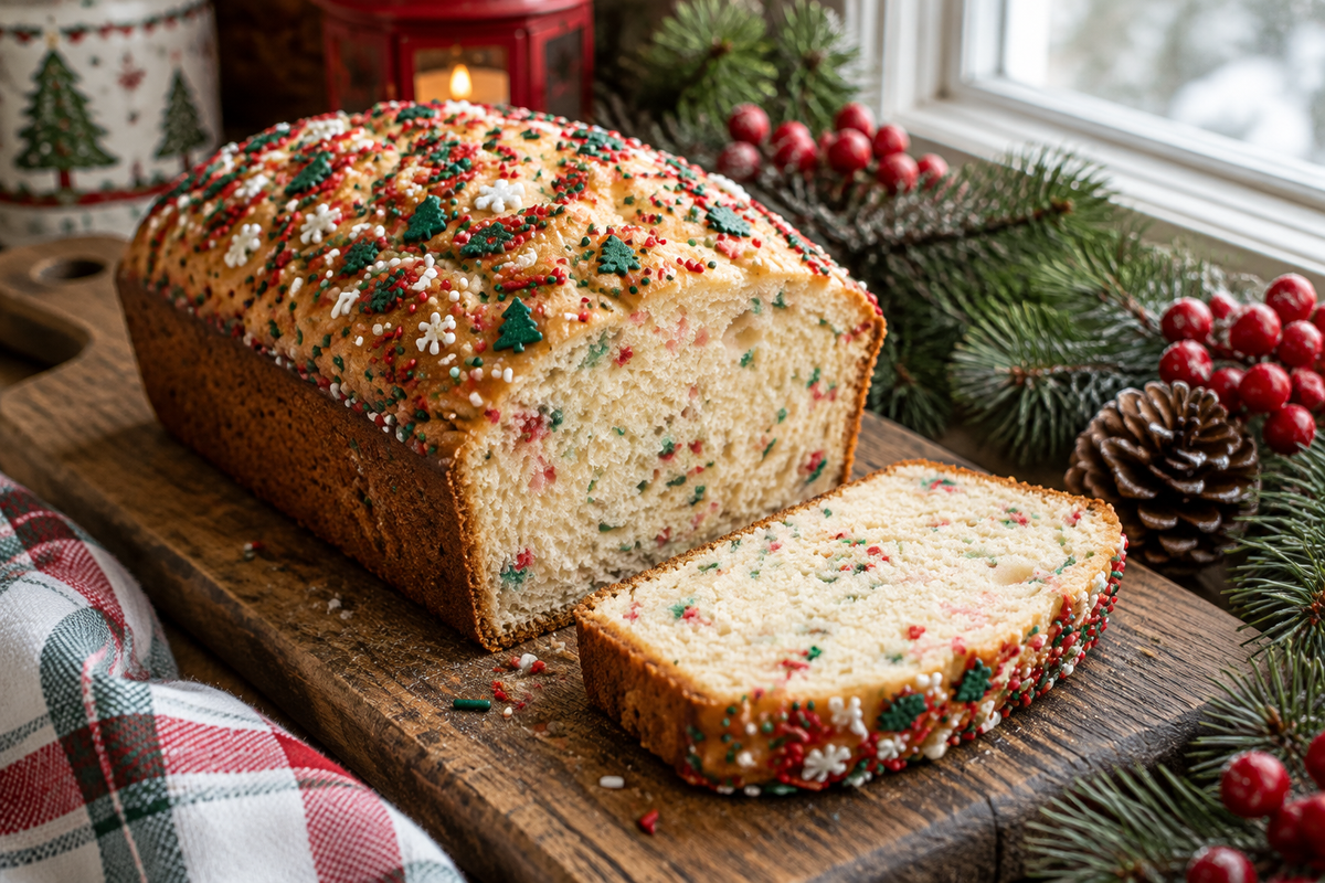 Festive Christmas sprinkle bread loaf with colorful sprinkles and soft buttermilk crumb