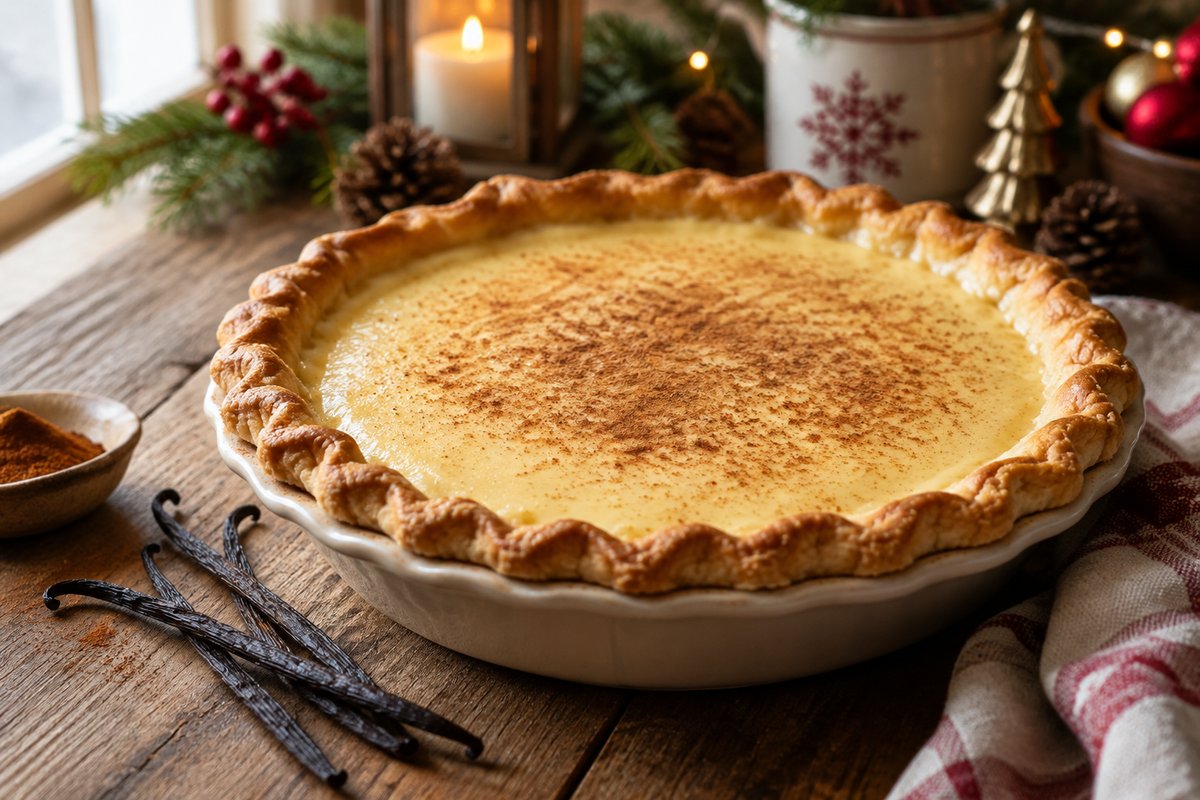 Creamy cinnamon vanilla custard pie with golden crust, garnished with cinnamon dusting, festive holiday dessert