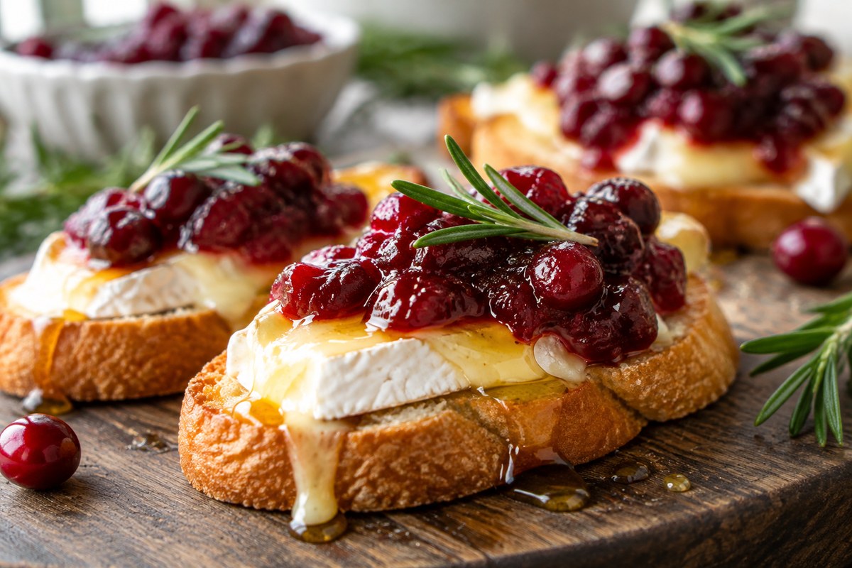 Festive cranberry brie crostini appetizer with melted brie and cranberry topping