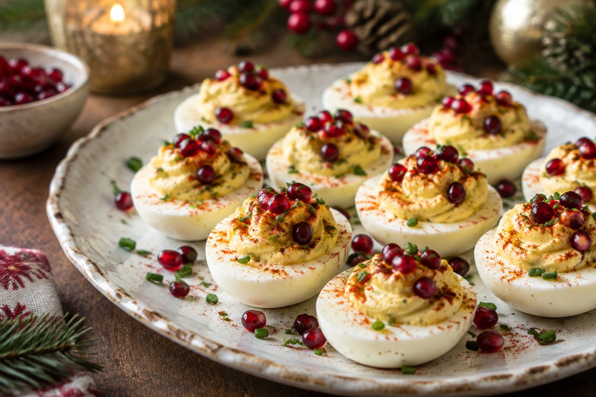 Festive deviled eggs garnished with paprika, chives, and pomegranate seeds, perfect holiday party treat