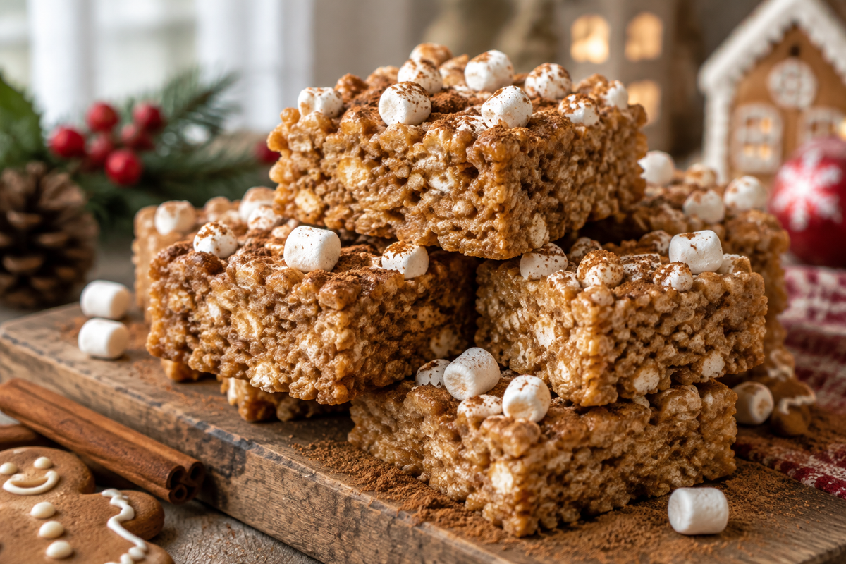 Festive gingerbread rice krispie treats stacked with cinnamon sprinkle and mini marshmallows