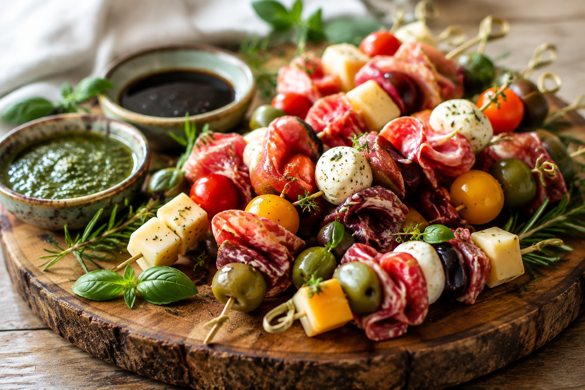 Festive mini charcuterie skewers on rustic wooden platter, garnished with herbs, mini charcuterie skewers