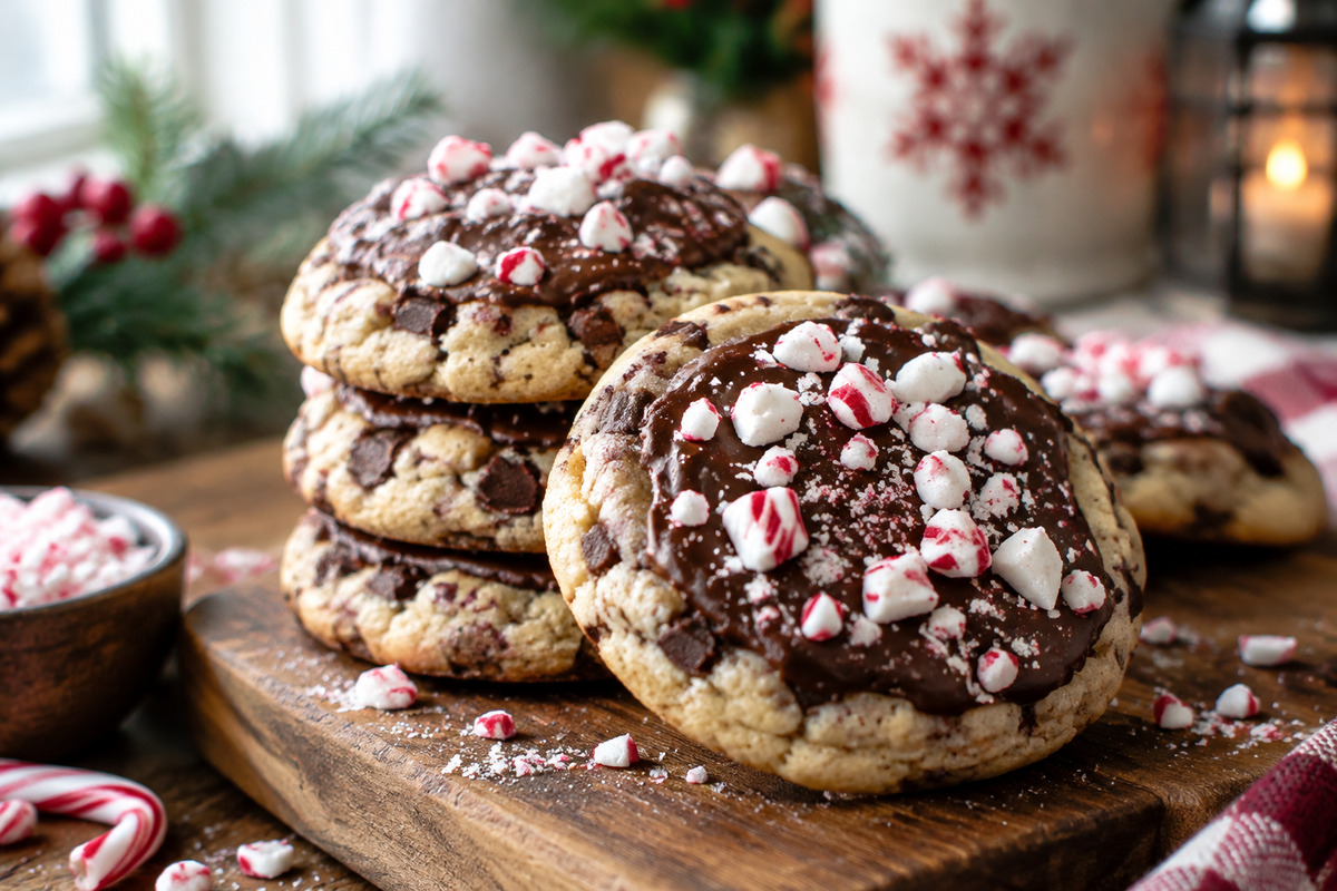 Festive peppermint bark cookies stacked on a wooden board with crushed peppermint toppings