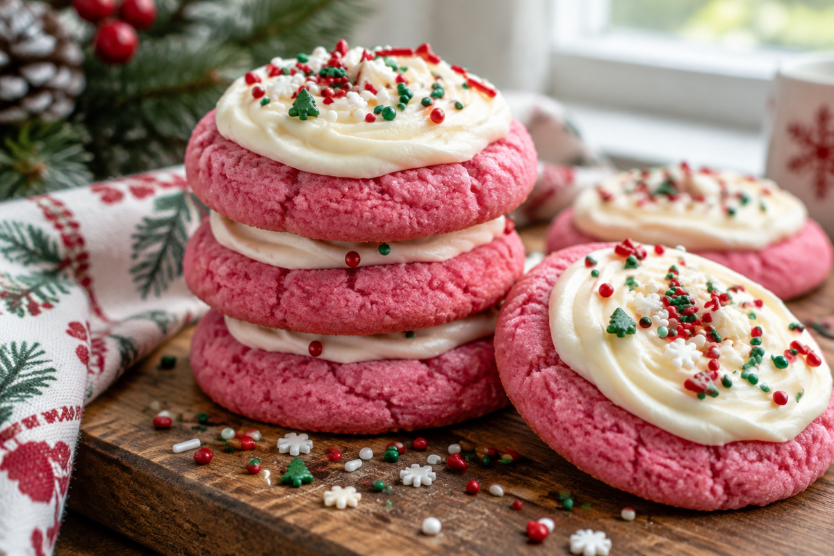 Festive pink velvet cookies with white frosting and sprinkles, quick pink velvet cookies holiday treat