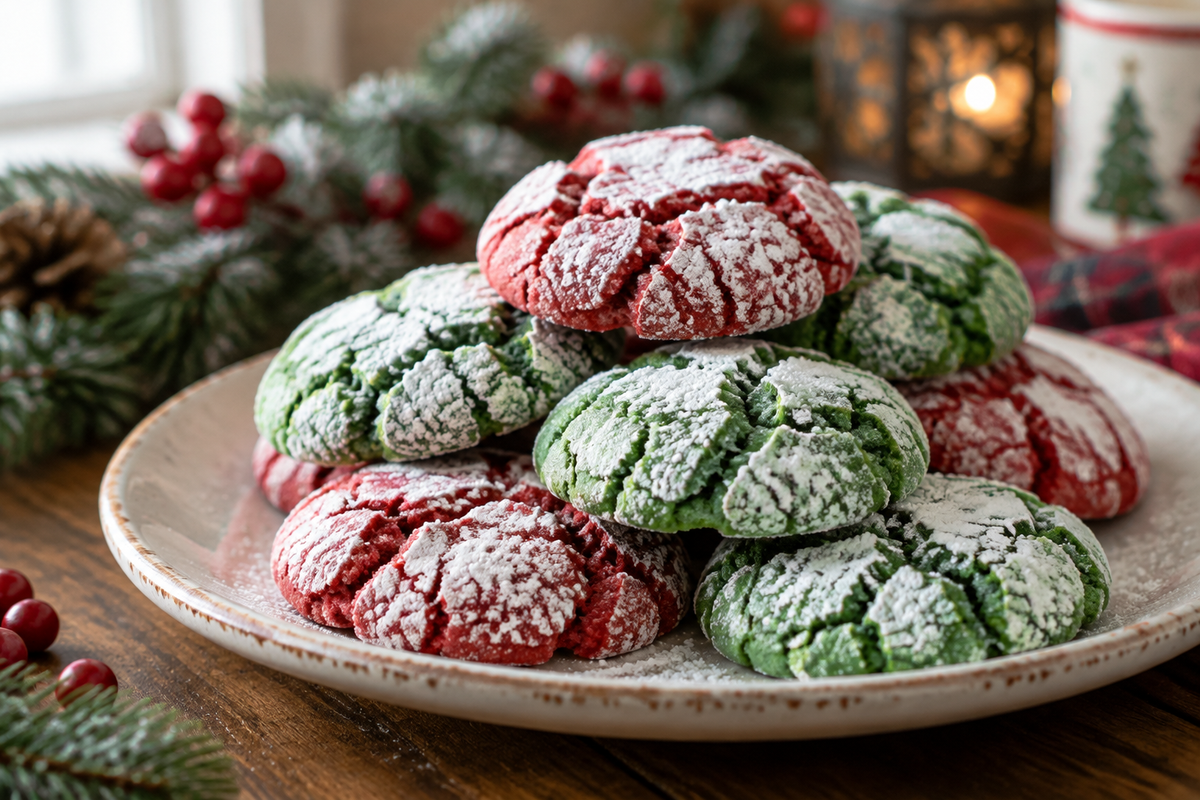 Festive red and green crinkle cookies with powdered sugar, perfect crinkle cookies for holidays