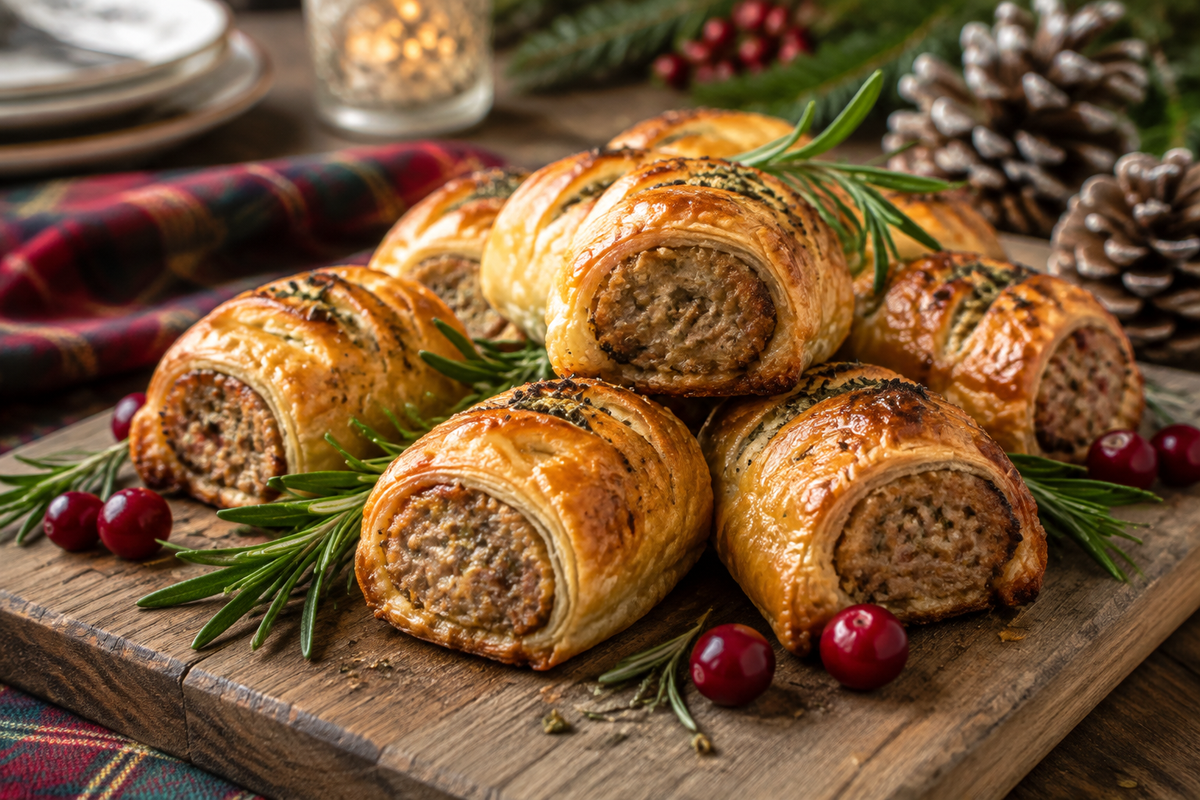 Golden festive sausage rolls garnished with rosemary and cranberries on wooden board, festive sausage rolls