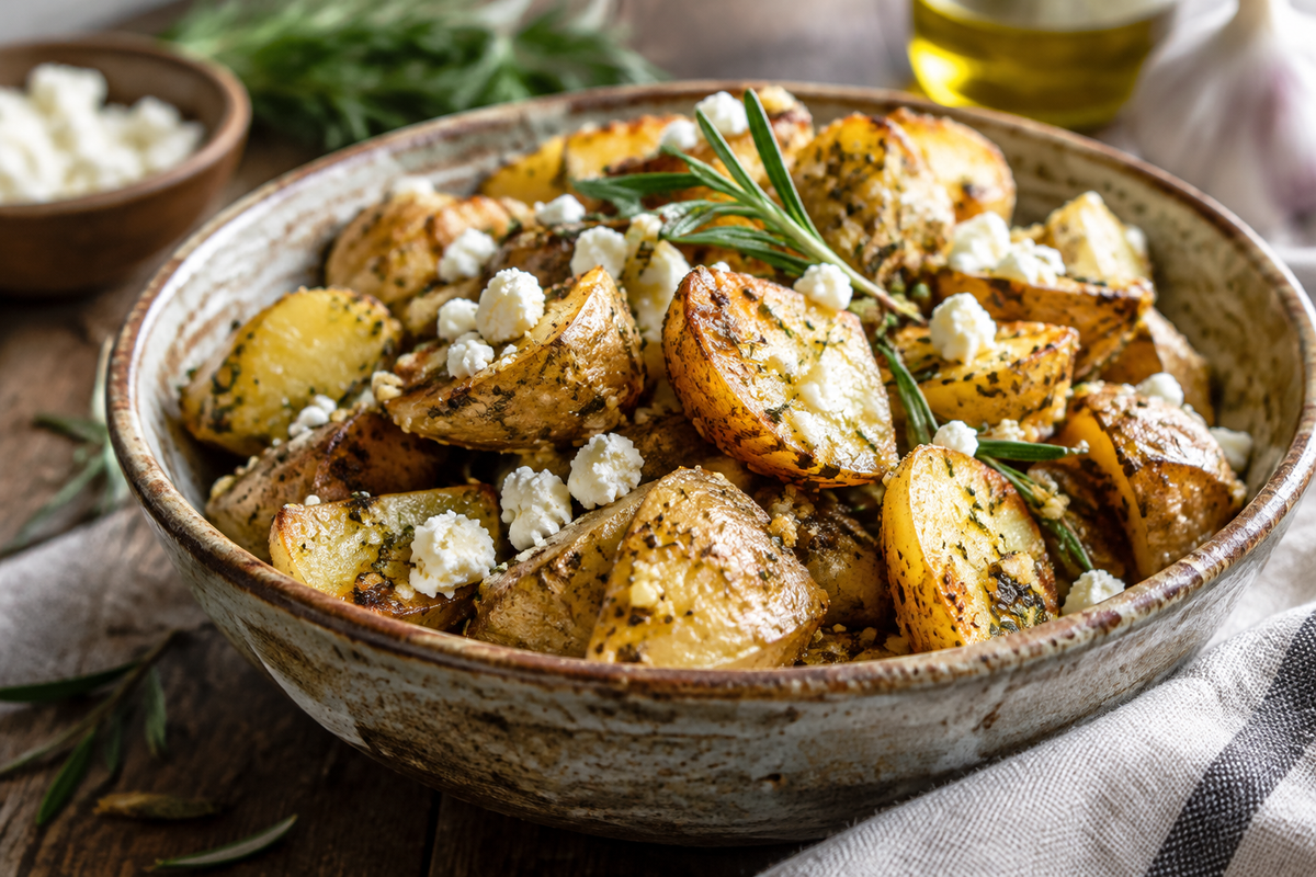 Golden feta roasted potatoes infused with garlic and fresh herbs in a rustic bowl
