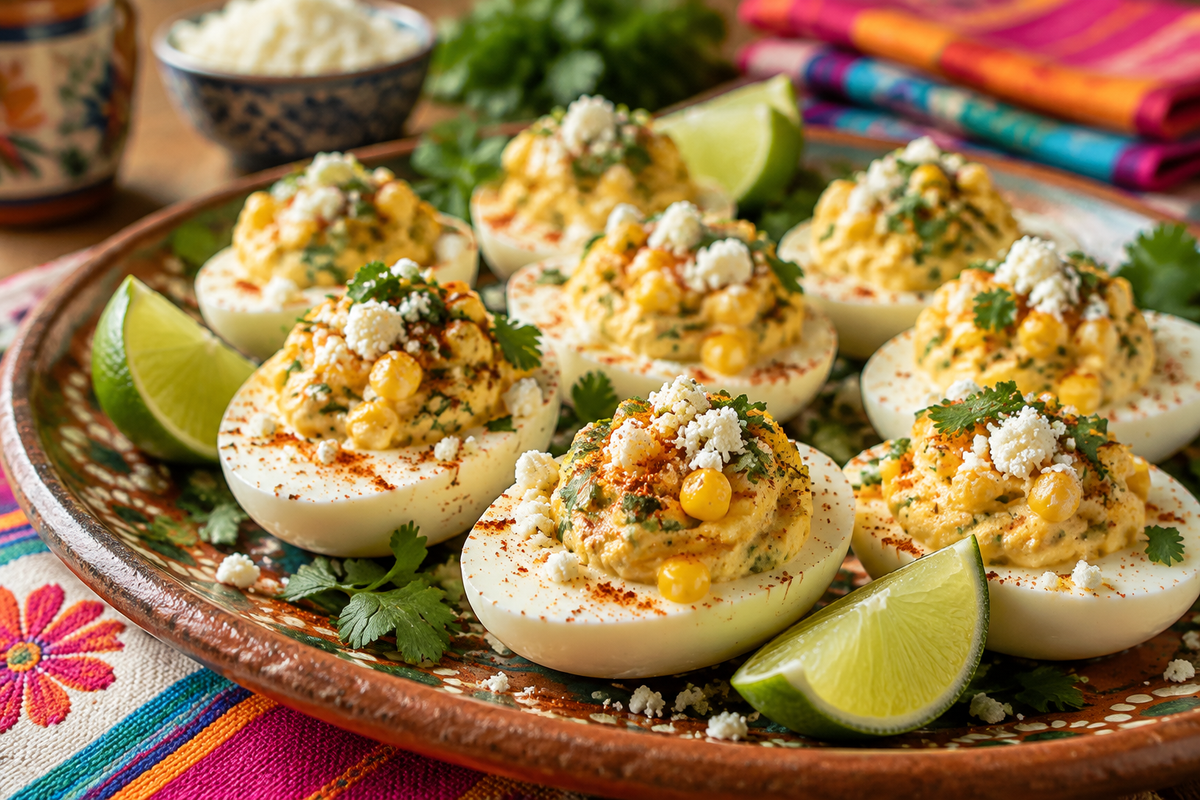 Fiesta elote deviled eggs garnished with cotija cheese and chili powder on a rustic platter