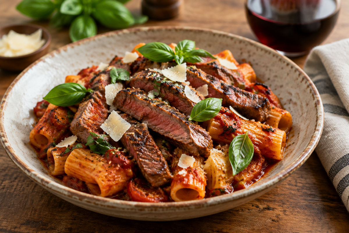 Fire-roasted tomato steak rigatoni pasta with grilled steak strips and fresh basil garnish