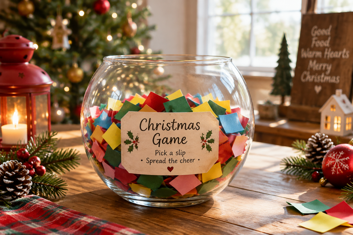 The fish bowl game setup with colorful slips in a glass bowl for a funny Christmas party game