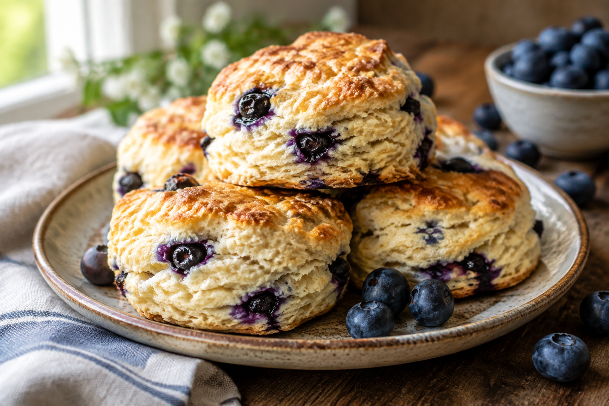 Golden flaky blueberry biscuits stacked on a rustic plate with fresh blueberries, showcasing blueberry biscuits