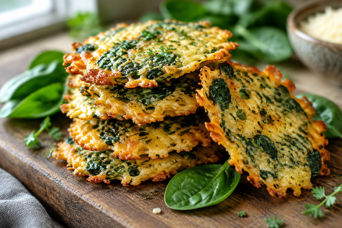 Golden crispy spinach cheese crisps stacked with fresh spinach garnish and melted cheese texture