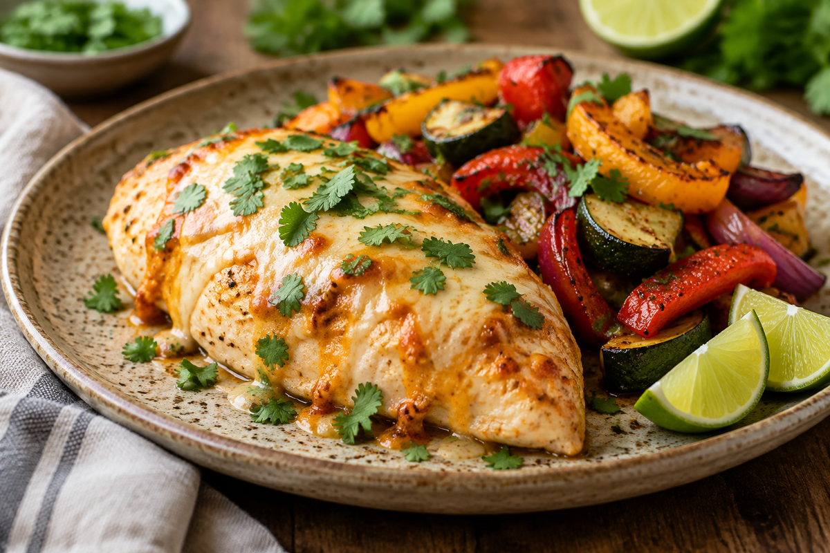 Baked queso chicken topped with melted cheese and cilantro, a flavorful baked queso chicken dish