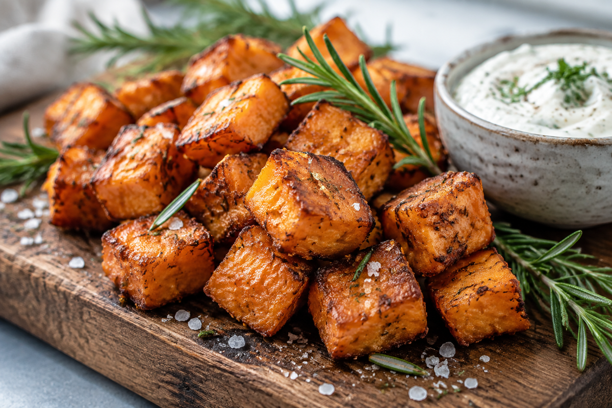 Golden crispy sweet potato bites garnished with rosemary and sea salt, showcasing crispy sweet potato bites